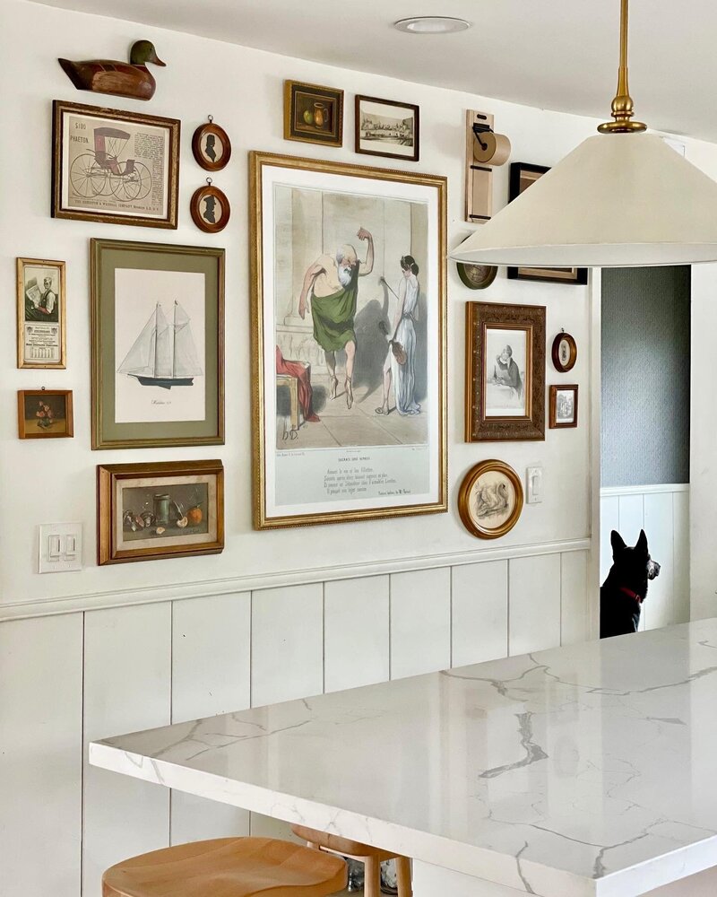 Gallery wall in kitchen, kitchen pendants, kitchen renovation