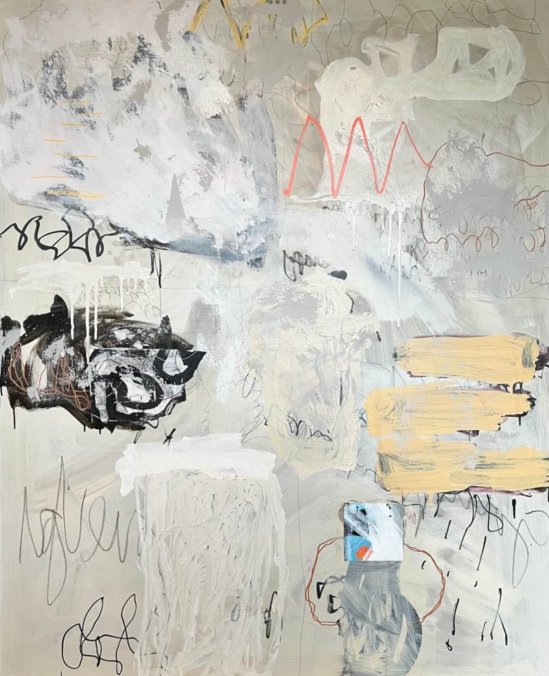 Abstract painting with muted tones of taupe with a pop of yellow and coral