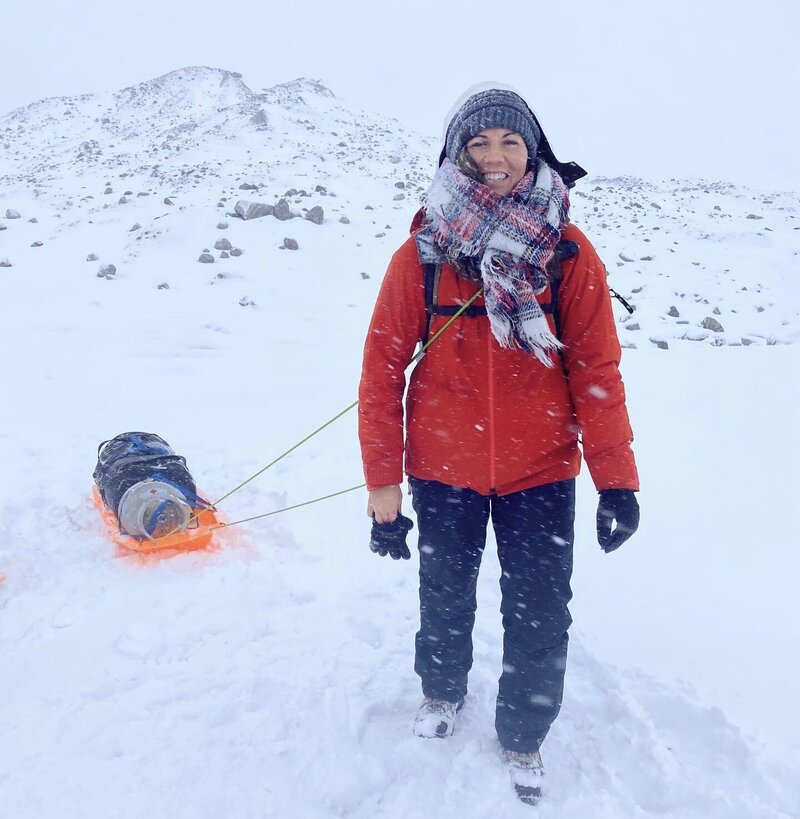 Stephanie Vermillion Backpacking in the snowy mountains