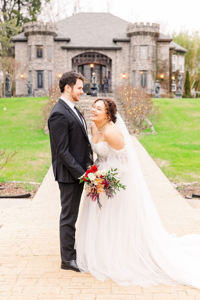 Bride and groom smile after first look