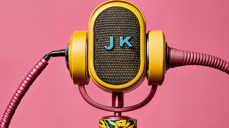 Close-up of a yellow vintage-style microphone with JK initials on a pink backdrop, symbolizing Jasmina Kimova’s signature podcast identity and brand voice.
