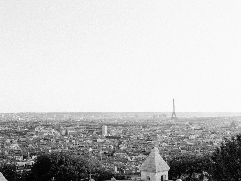 scenic view of city of paris from highest point in city. can see eiffiel tower in distance and buildings