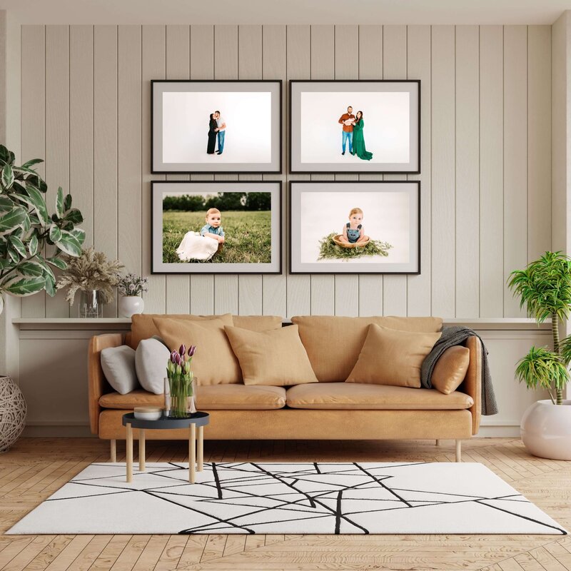 framed maternity and newborn photos in living room captured by Springfield MO family Photographer Jessica Kennedy of The XO Photography