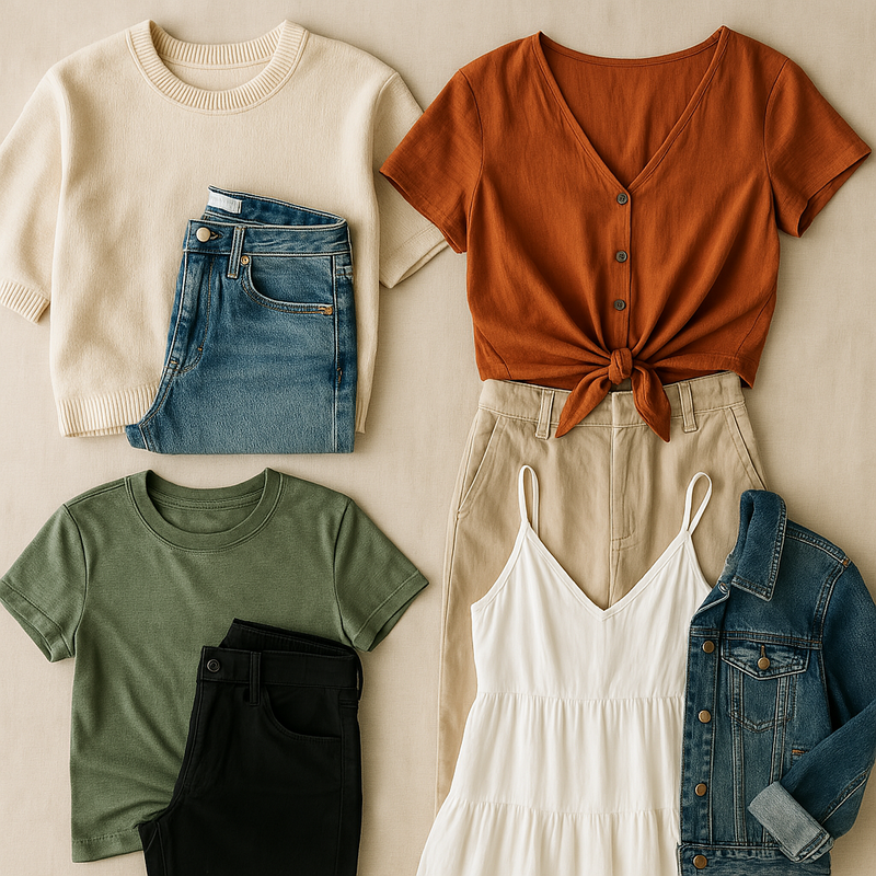 Flat lay of casual outfit options including tops, jeans, and a jacket for a Minneapolis dating profile photo session