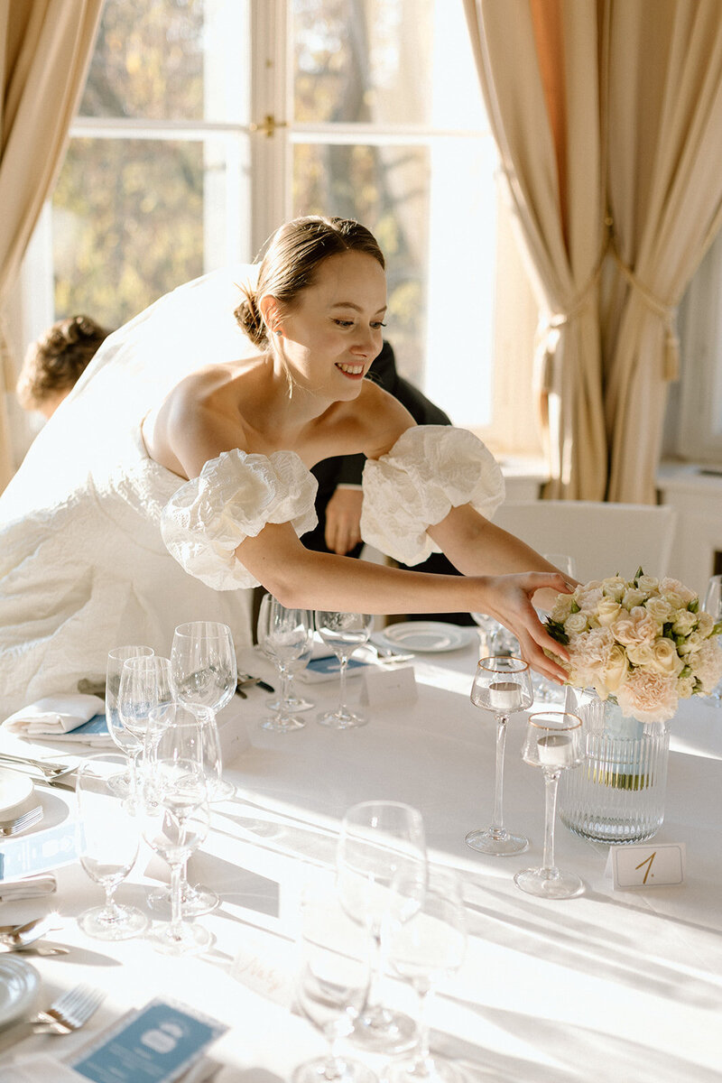 Luxury wedding in Europe – sophisticated bride in a modern wedding gown and groom in a timeless suit.