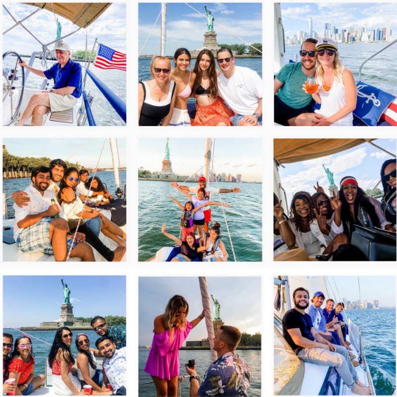 Nine different pictures of happy people enjoying their time on the boat in New York City