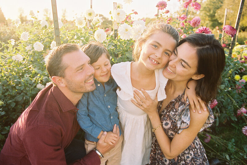 Honest, cinematic family portrait on film in natural light.