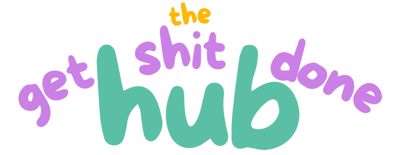 Gold, green and purple logo that says "Get Shit Done Hub"