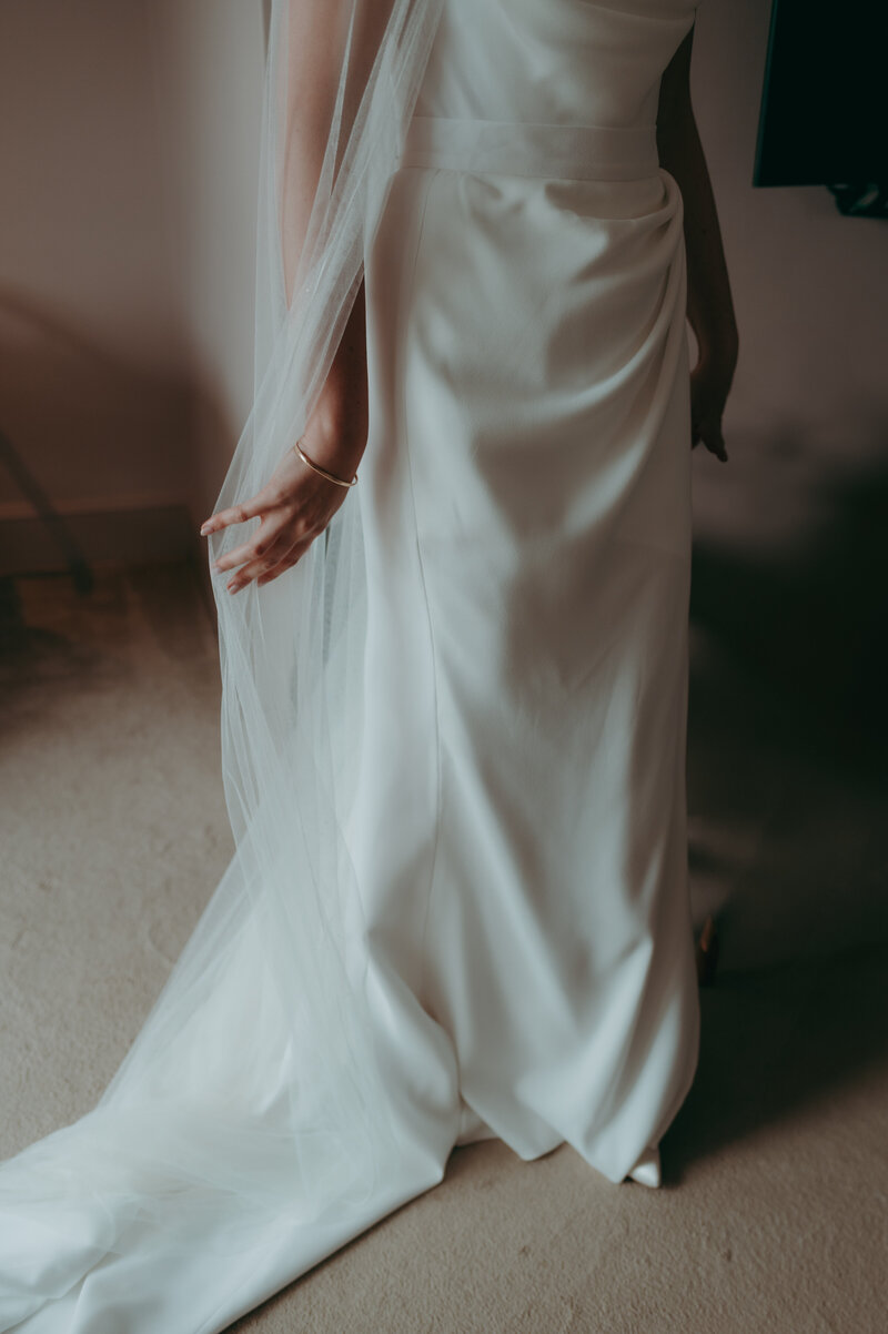 Close-Up shot of bridal gown at Cambridge Wedding