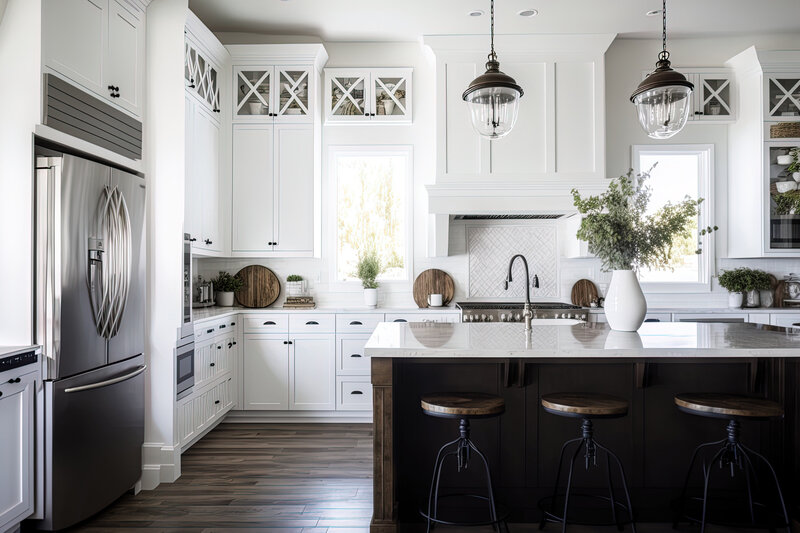 Farm house style kitchen remodel and design with dark wood flooring and island. 