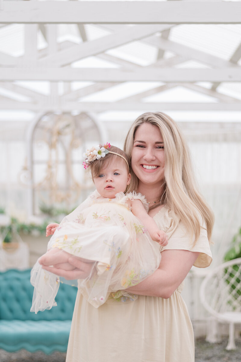 Mother and daughter in pastel yellow dresses during a mommy and me session – Pittsburgh family photography by Lens Love Photography.