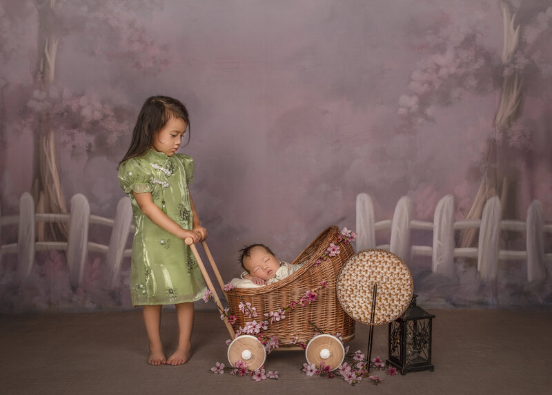  "Big sister lovingly posing with her newborn sibling in a vintage stroller, surrounded by soft cherry blossom petals, captured in a dreamy fine art family photography session in Ottawa."