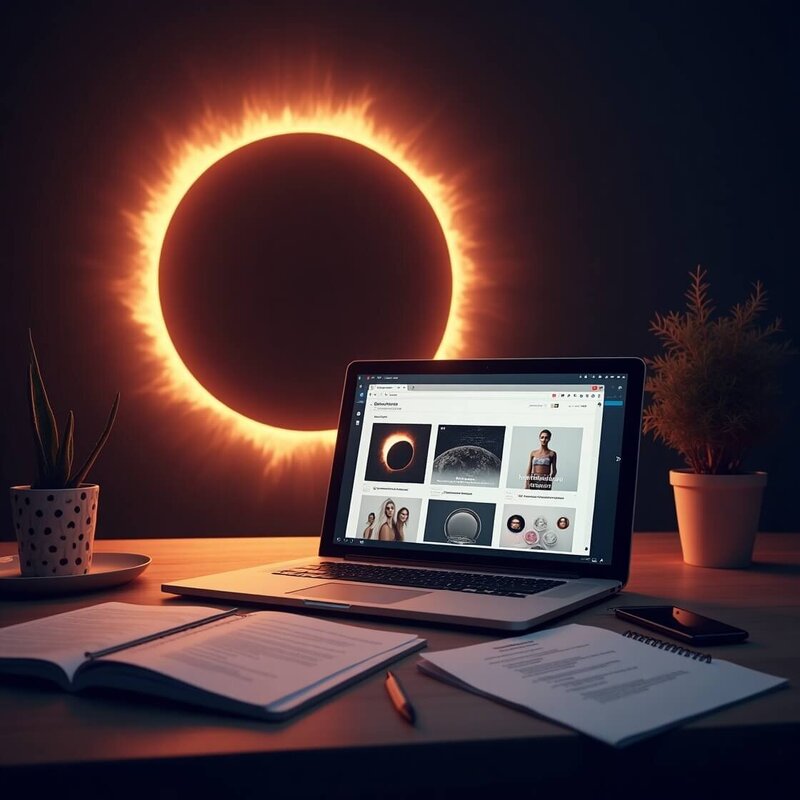 Bureau avec ordinateur affichant une interface de planning éditorial, devant une éclipse lumineuse, illustrant le pack Éclipse dédié au calendrier éditorial de Lili Créa Design à Saint-Nazaire