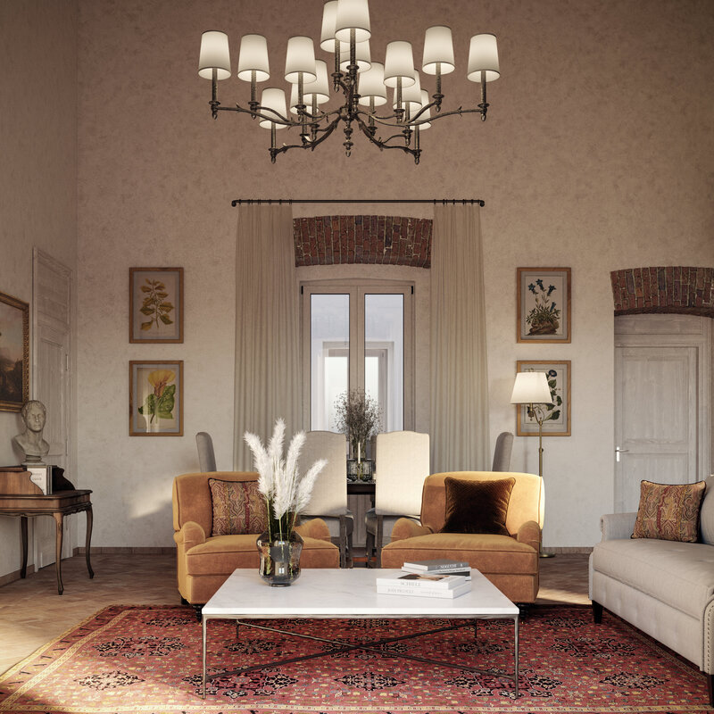 Elegantes Wohnzimmer im Palazzo Ricci in Casoli, Italien – mit Vintage-Sesseln, klassischer Kunst, Marmortisch, antikem Dekor und hohen Decken mit großem Kronleuchter in einer restaurierten italienischen Villa
