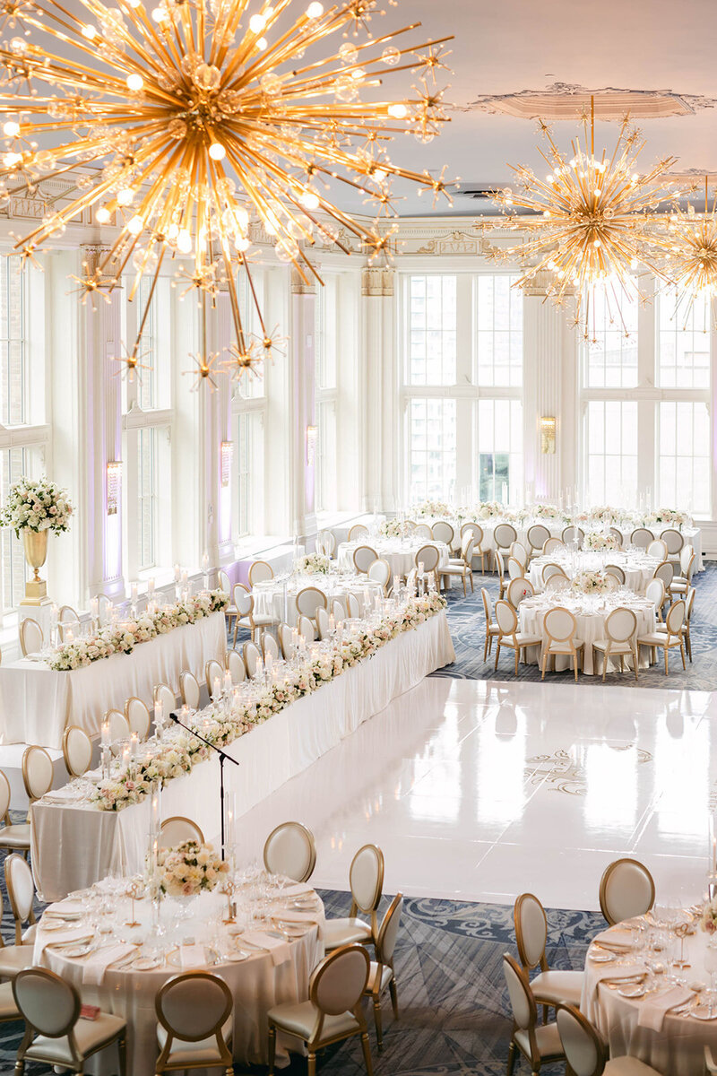 French opulence themed wedding at The Omni King Edward's Crystal Ballroom in Toronto, Ontario with soft romantic details in dusty blue, white and gold.  