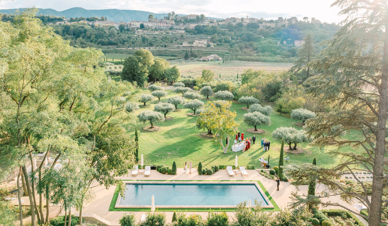 Drone Aerial View of the Reception, Domaine, and Provencal Village Before the Wedding