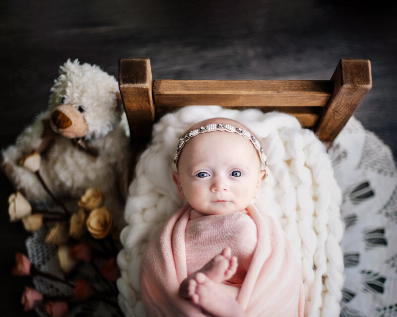 Awake and alert, this newborn girl’s portrait features a cozy pink wrap, floral touches, and a plush teddy friend.