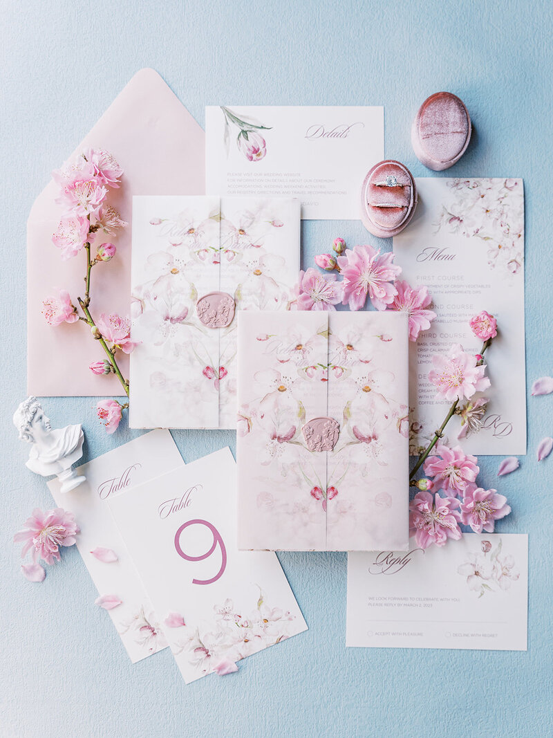 Cherry blossom blush pink vellum wedding invittaion suite_GDesigners