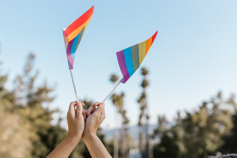 two hands holding small pride flags up