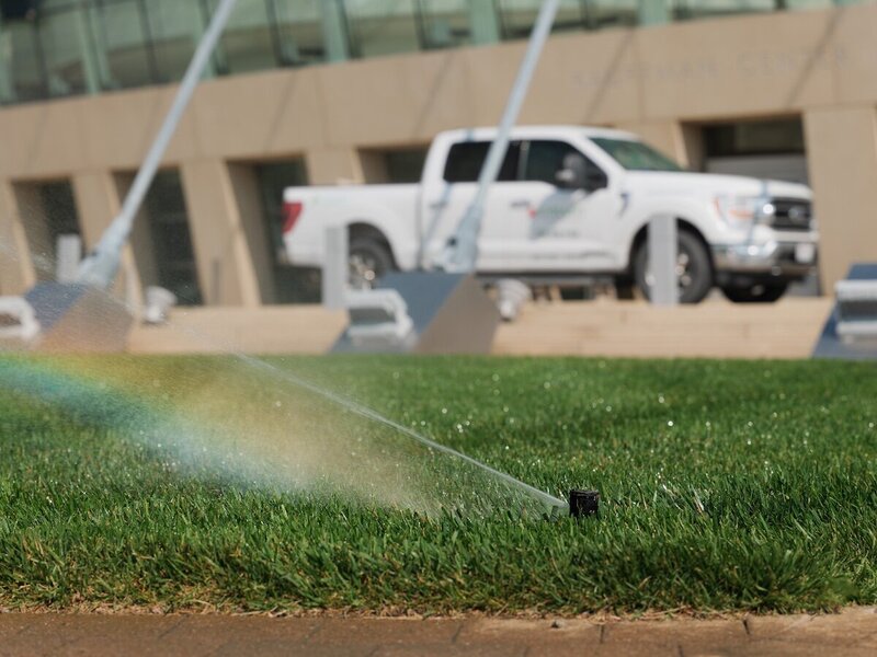 Close up of a sprinkler system outside of Kauffman Center for the Performing Arts