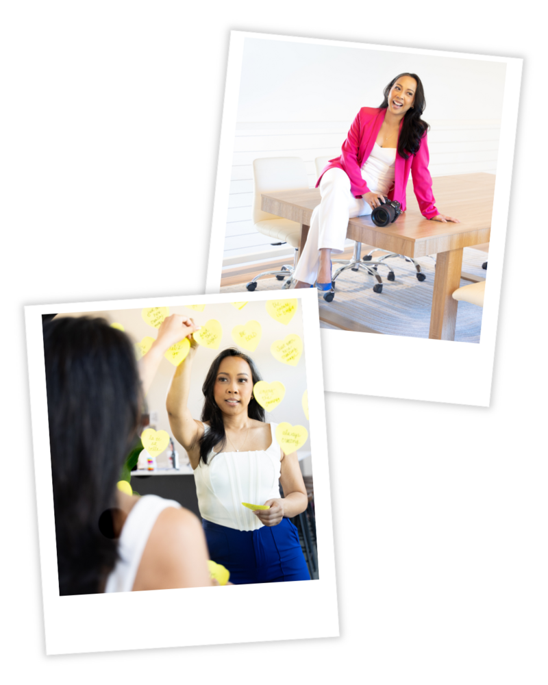 Lifestyle brand photography setup in a professional studio featuring camera gear, creative tools, and yellow sticky notes used for planning