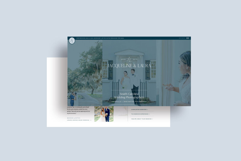 a mockup showing a blue and white wedding photographer website