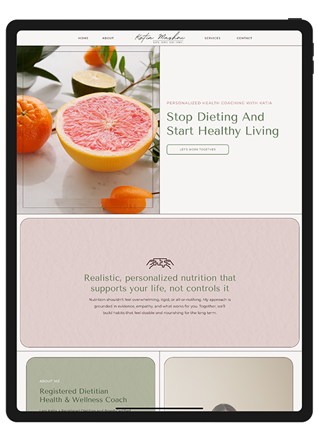 Website design for a health and wellness company, featuring a nutritionist's services and vibrant, inviting visuals.