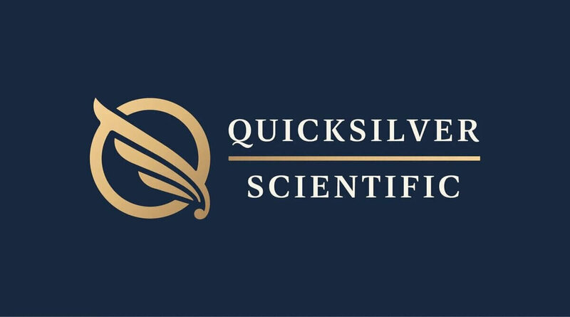 he Quicksilver Scientific logo features a sleek gold feather encircled by a ring, with the brand name in elegant serif font on a navy blue background.