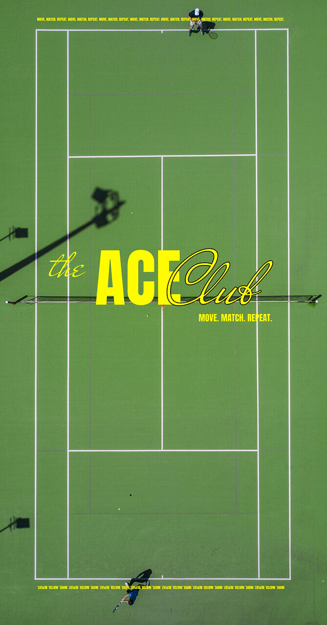 Maquette de présentation de l'identité visuelle de the ace club, qui représente une affiche publicitaire pour le club de tennis, avec leur slogan "move. match. repeat"