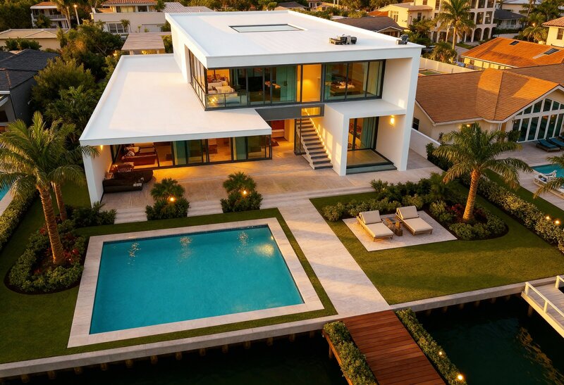 Premium exterior render for a waterfront redevelopment listing