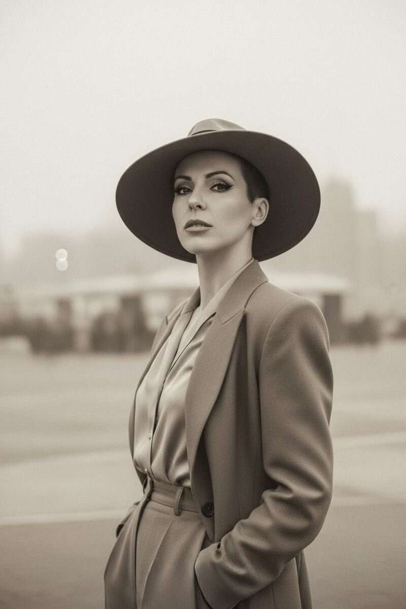 Jasmina Kimova in sepia-toned vintage suit and hat, evoking cinematic storytelling and identity time travel.