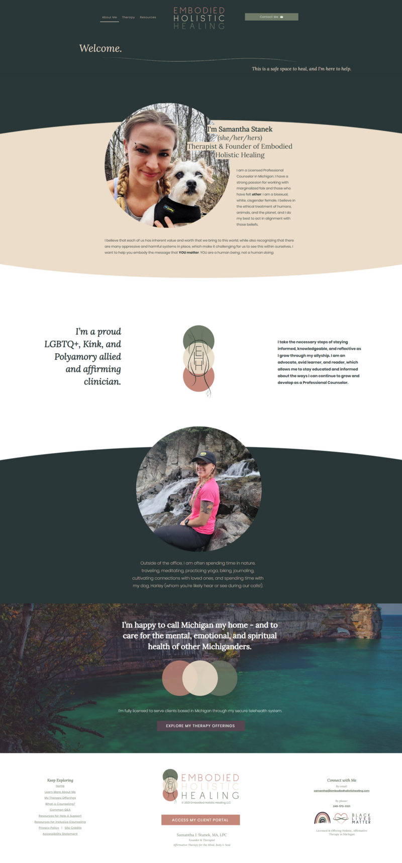 This image shows a screen capture of a section of the Embodied Holistic Healing "About Me" page. This section highlights Samantha's work with the text: "I'm a proud, LGBTQ+, Kink, and Polyamory allied and affirming clinician," paired with her submark logo and photo of her on a hike.