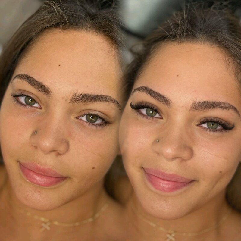Before and after comparison showing green eyes with natural-looking lash extensions.