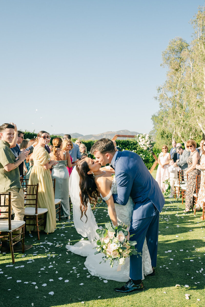 bride and groom kissing while surrounded by wedding guests