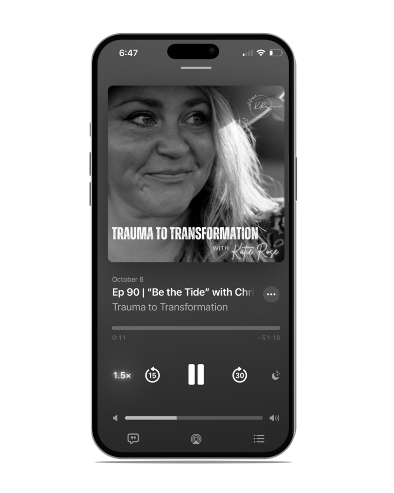 An iphone featuring an episode being played on the Trauma to Transformation Podcast