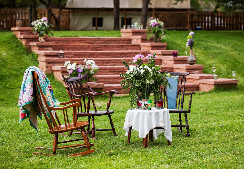 Cute furniture spread out on the green lawn at Riverbend in Lyons Colorado