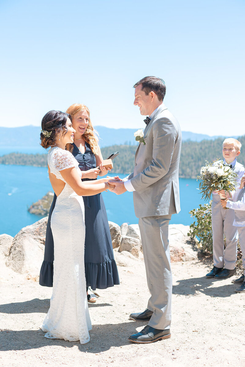 Bride and groom embrace