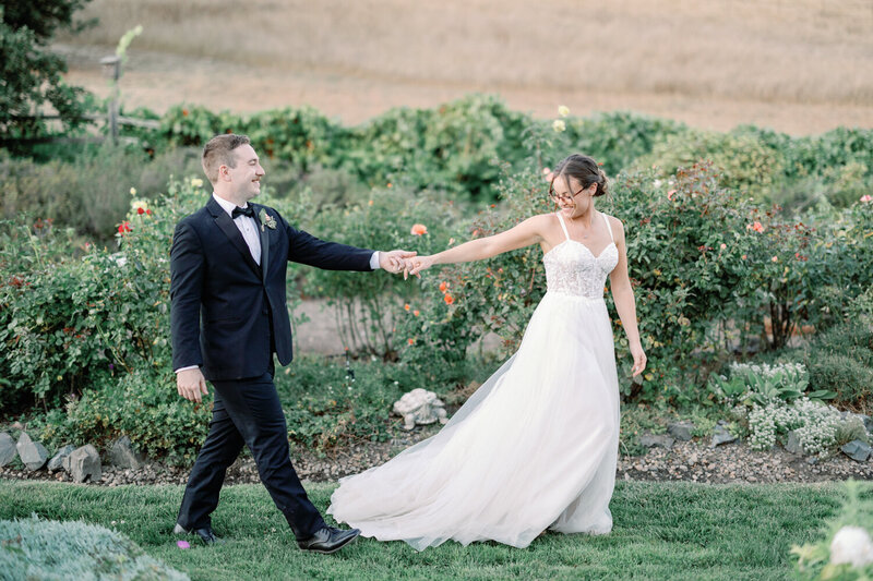 A bride and groom take portraits at Rosewood Event Center at their Petaluma CA Wedding in the SF Bay Area