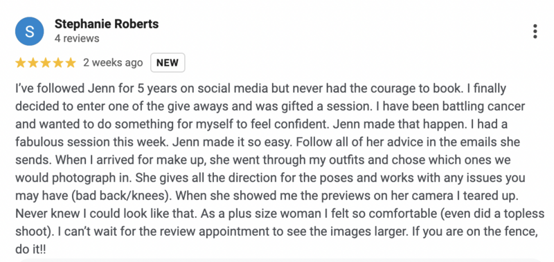 Screenshot of Google review for boudoir photography by Boudoir By Jennifer Smith