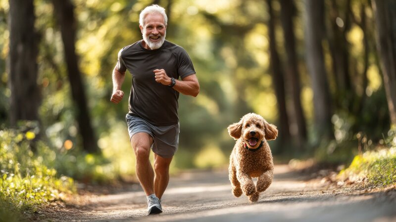 Older man smiling while running outside with happy golden doodle