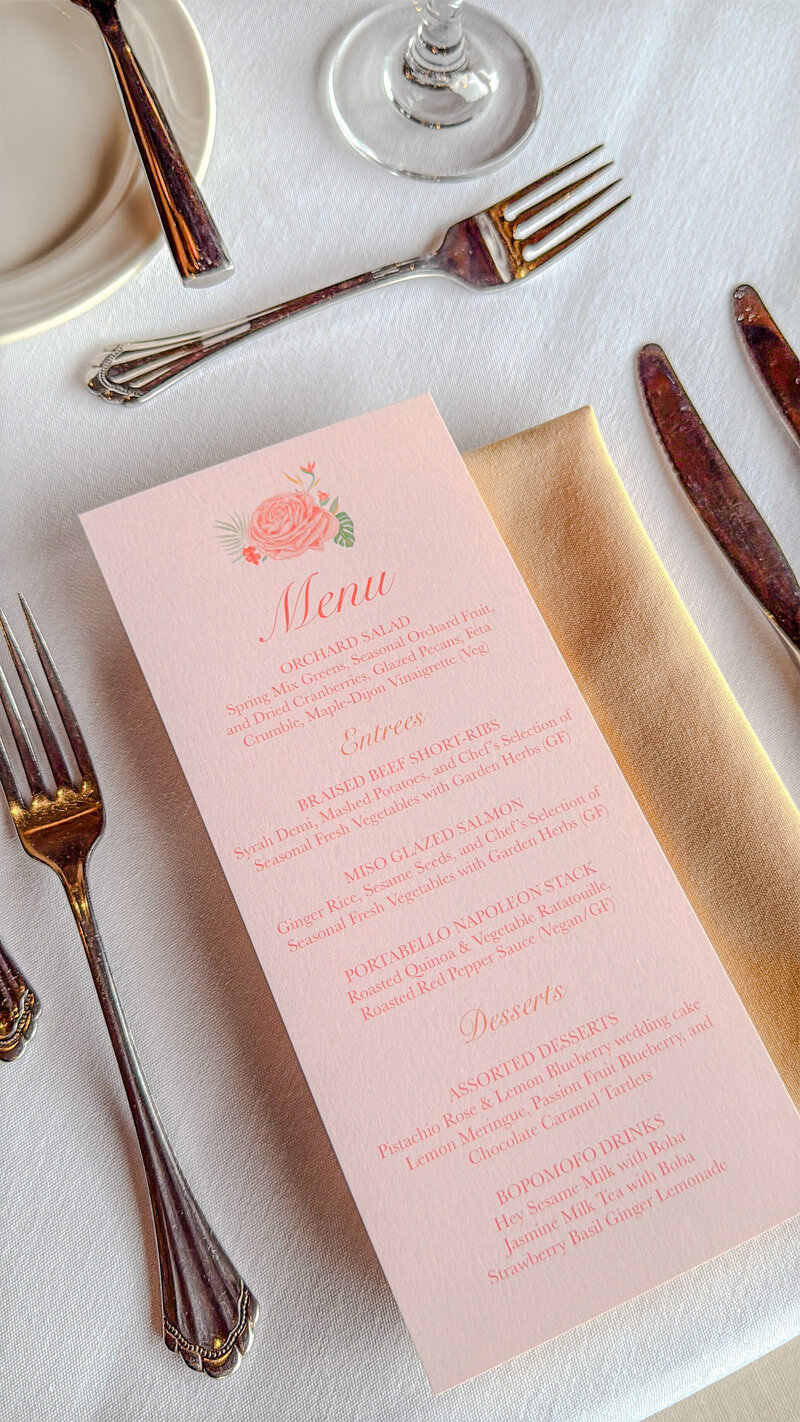 Wedding reception dinner menu featuring coral fonts and floral patterns in San Diego Safari Park San Diego Zoo Safari Park.