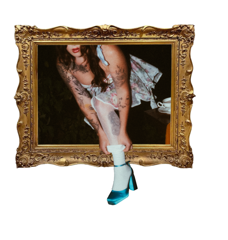 Foot stepping out of the golden frame.