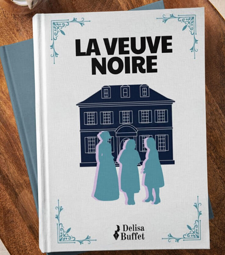 Maquette de présentation de l'identité visuelle de Delisa Buffet, qui représente une couverture de livre personnalisée au branding de l'auteure.