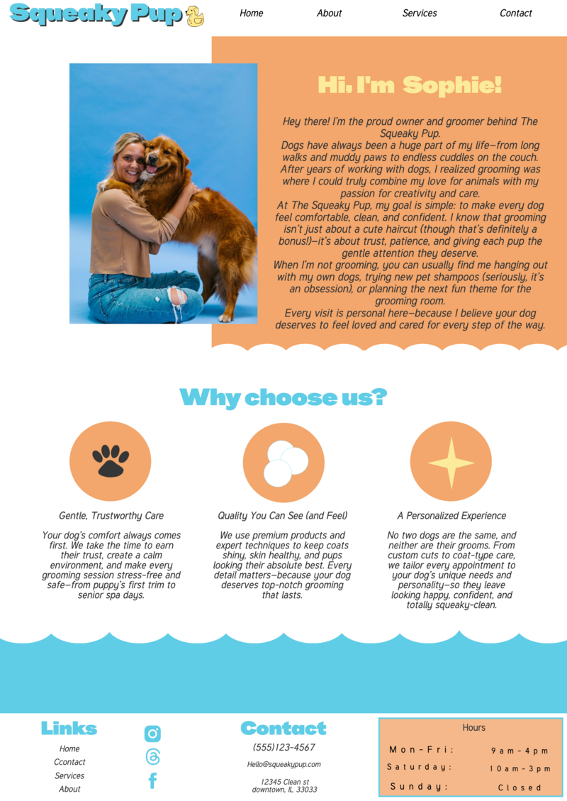 About page for The Squeaky Pup dog grooming business featuring Sophie, the owner, sitting with a Golden Retriever on a blue background. Includes intro text about her grooming philosophy and gentle pet care values
