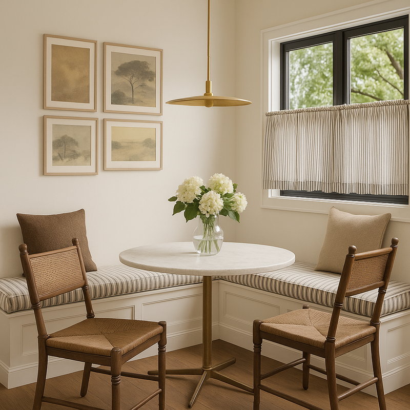 Interior rendering of a cozy breakfast nook in a transitional kitchen, with layered textures and artful lighting, designed by Sister Studio.