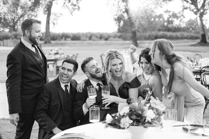 Bride and Groom celebrate with friends at The Forest at Haven Hills  Visalia Wedding Venue