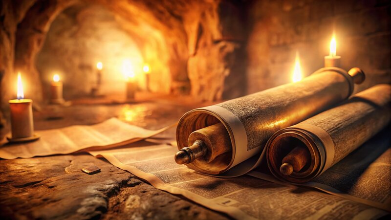 Rollos antiguos de escritura iluminados por velas en una cueva, evocando el misterio de las sagradas escrituras.