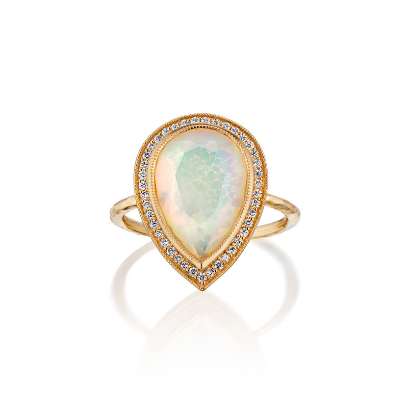 Ethiopian welo opal in 14k gold setting with natural diamonds