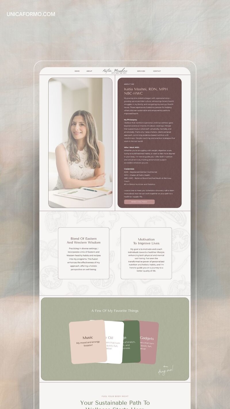 Website design showcasing a modern, feminine aesthetic for a woman's business, featuring soft colors and elegant typography.