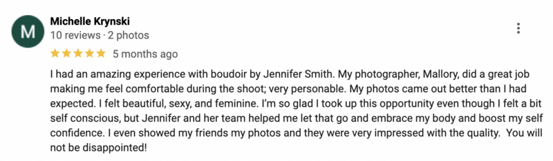Screenshot of Google review for boudoir photography by Boudoir By Jennifer Smith